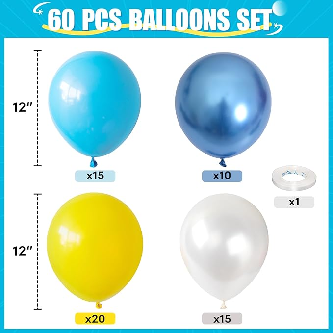 HILAVO Blue Yellow Balloon, 60 PCS 12 Inch Sponge Theme Balloons Blue Yellow and White Balloons for Kids Cartoon Sponge Party Baby Shower Duck Birthday Party Decorations