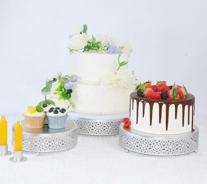 Cake Stand Set of 3 Metal Cupcake Stands Dessert Display Plate for Wedding Party Birthday (3 Pcs, Matte Silver)