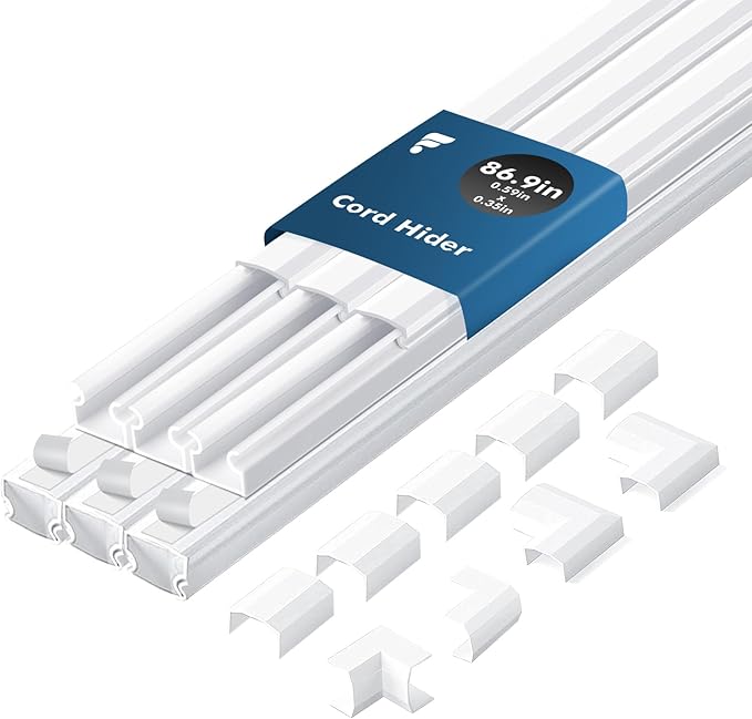 shinfly 86.9in Cord Hider Kit, Paintable Cable Raceway for Wall Mounted TV, Cord Covers for Wires on Wall, Wire Hider for TV Cables, White, 0.59” W x 0.35” H (14.5in x 6-Pack)