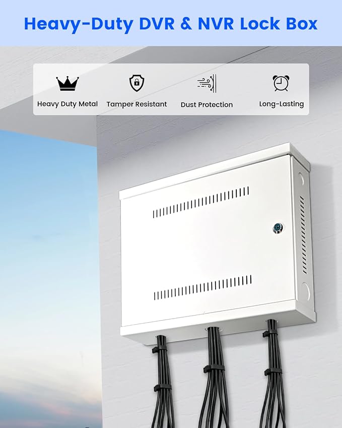 DVR Lock Box & NVR Enclosure, Heavy Duty Lockable Steel Cabinet for CCTV Surveillance Systems, Wall-Mount Design with Ventilation and Cable Management