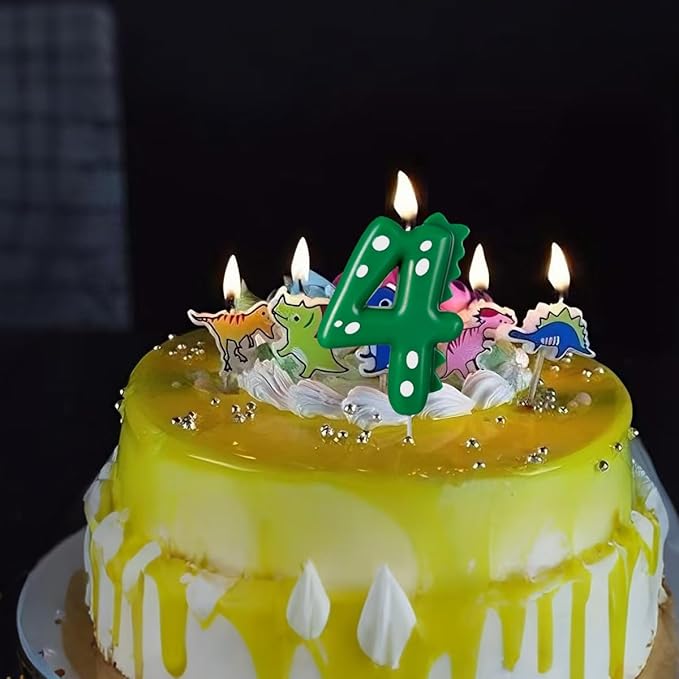 Number 4 Dinosaur Birthday Candles Set, Dino-Themed Cake Candle 4 2.75 Inch Green with 5Pcs Dinosaur Candles for Birthday Parties Celebration