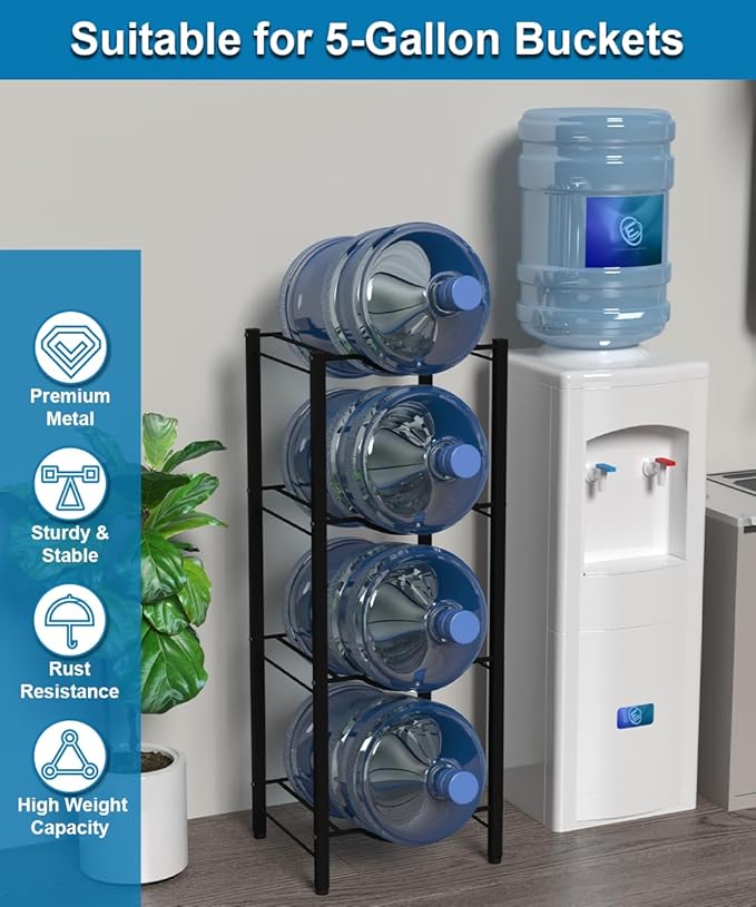 mocomax 5 Gallon Water Jug Rack, 4 Tier Detachable Water Bottle Holder Storage Organizer Shelf, Heavy Duty Water Jug Dispenser Stand for Kitchen, Office, Home, Black