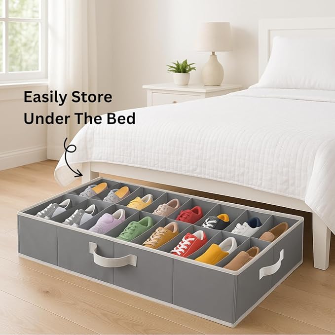 Under Bed Shoe Storage Organizer - TEAR-RESISTANT Heavy Duty 600D Material - Fits All Styles Men's and Women's Shoes, Up to 16 Pairs - Extra-Strong Zipper - Grey - Perfect for College Dorms