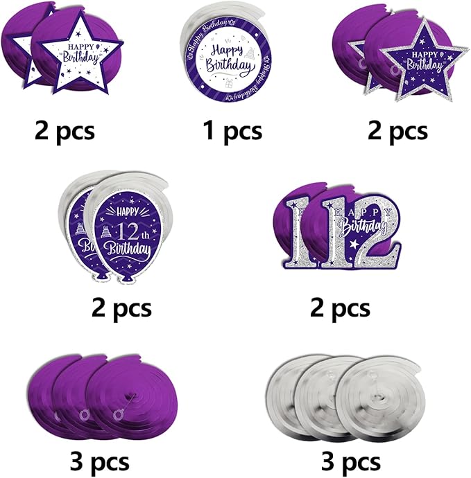 Happy 12th Birthday Purple & Silver Glitter Swirls Streamers Party Decorations - 15 Pcs 12th Birthday Hanging Swirls Streamers Kit,Cheers to Twelve Years Old Bday Party Sign.