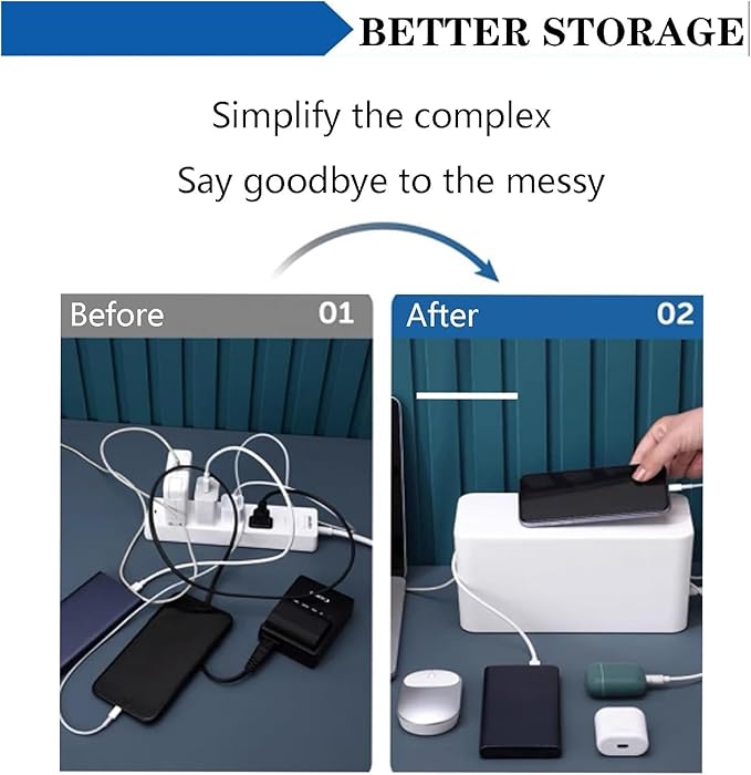 Cable Management Box Power Supply Hub Socket Storage Cable Box Wire Organizer with Cable Ties Cord Organizer Suitable for Living Room,Study and Office (White, Large)