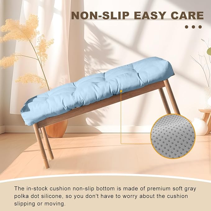 Bench Cushion 42 inches,Indoor/Outdoor Non-Slip Tufted Cushions, Premium Waterproof Linen, Soft Piano Sofa Cushions, Entryway Storage, Bay Window, High-Density Memory Foam(Grey Blue-42x16x4in)