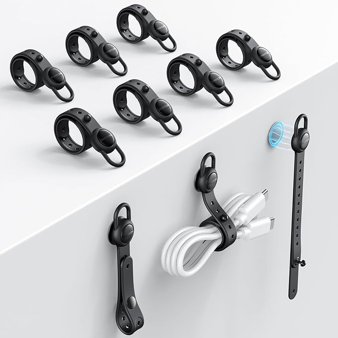 OMOTON Magnetic Cable Ties, 10 Pcs Reusable Silicone Wire Organizer Straps Adjustable Cord Clips for Phone Laptop Charging Cable USB Wired Earphone, Black