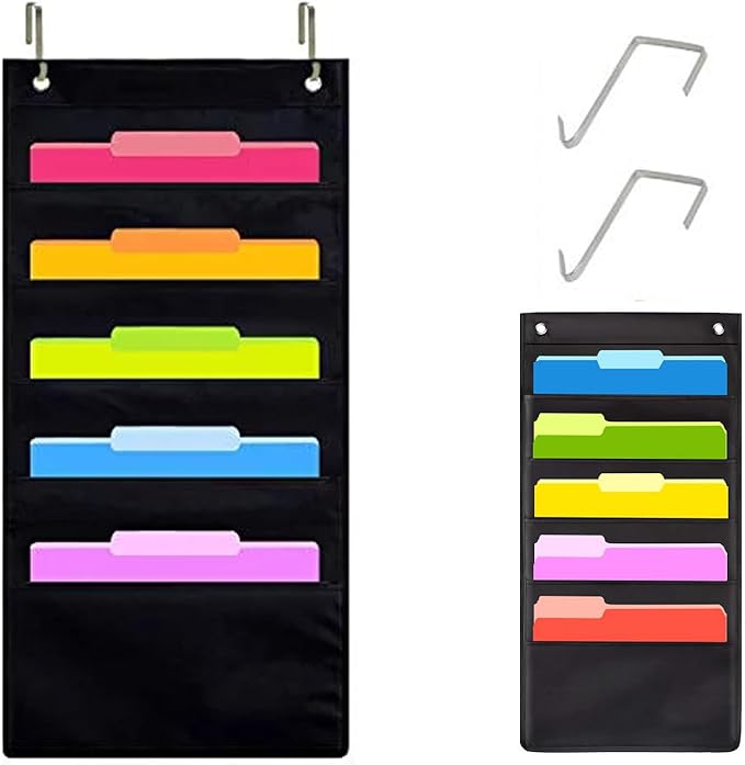 Hanging Wall File Organizer, 5 Pocket, Black Wall Storage Pocket Charts with 2 Hangers, Oxford Cloth Storage Pocket, Over The Door File Organizer, Great for Classroom, Home or Office Use (5 Pocket)