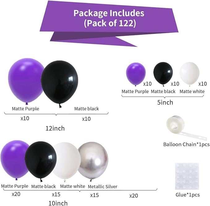 Purple Black White Balloon Garland Arch Kit - Purple Black Balloons Purple Silver White Balloon for Birthday Wedding Anniversary Engagement Graduation Party Decorations