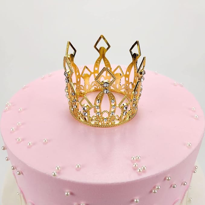 Mini Crown Cake Topper Princess and Prince Crystal Headpiece Tiara Rhinestone Crown Cake Decoration for Wedding Birthday Baby Shower Party Favors (Golden)