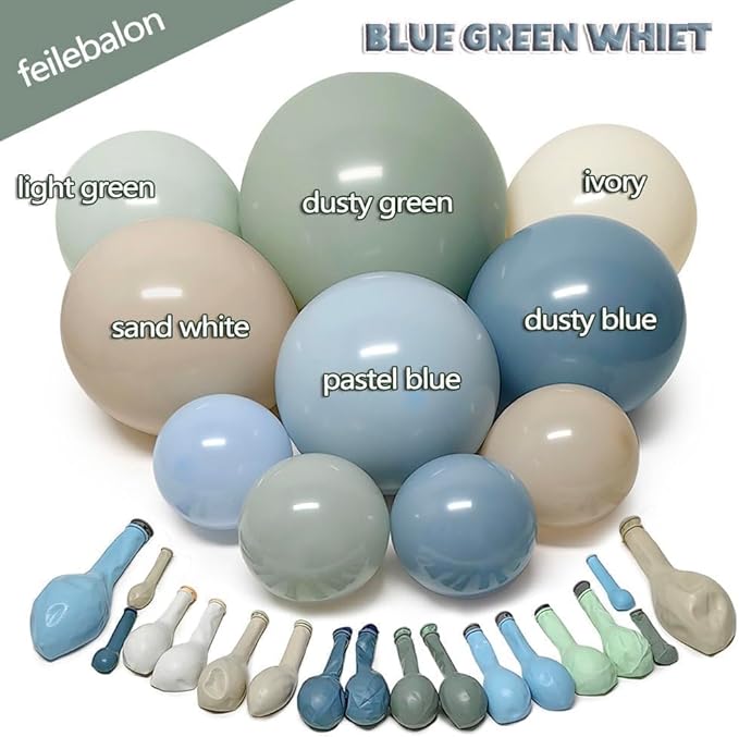 Dusty Blue Green Balloon Arch Kit Double Stuffed Pastel Light Sage Green Blue White Sand Beige Balloon Garland for Birthday Baby Shower Dinosaur Wedding Wild One Ocean Silly Goose Party Decoration