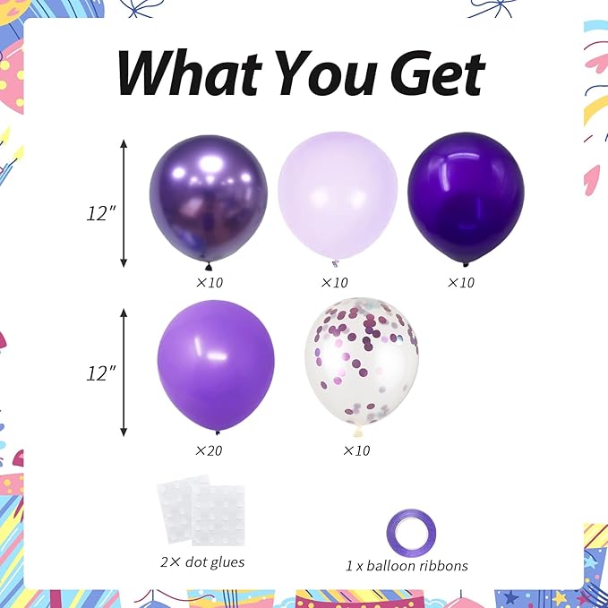 60pcs 12inch Metallic & Pastel Purple Confetti Balloons Kit – Includes Dark Purple, Lavender, Confetti Balloons for Wedding, Baby Shower, Birthday, Graduation Decorations