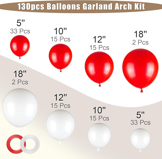 130pcs Red and White Balloons Garland Arch Kit, 18 12 10 5 Inch Different Sizes Pack Red White Latex Balloon for Wedding Baby Shower Birthday Christmas Party Garland Decoration