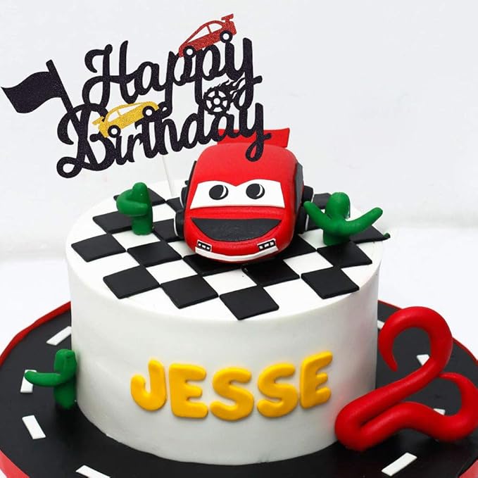 Marwey Race Car Cake Topper - Happy Birthday Cake Decor Chequered Flag Themed Party Supplies Decorations(Doubled-Sided)