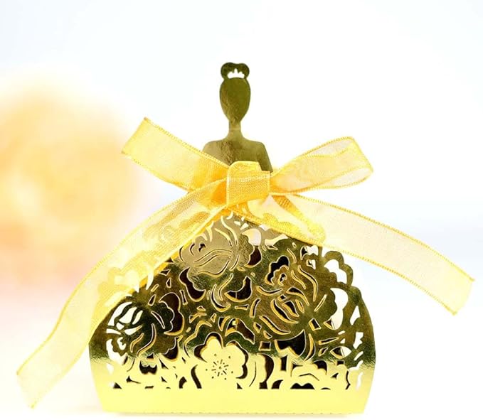Steedna 50 Pack Bride Pattern Chocolate Gift Box Sector Pearl Paper Hollow Out Small Gift Box Wedding Dress Laser Cut with Ribbons Candy Boxes Party Favors Chocolate Box (Ref-Gold)