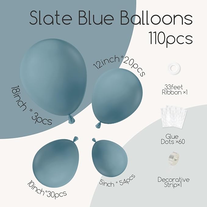 Awenztech 110pcs Slate Blue Balloons, 18 12 10 5 inch Dusty Blue Balloons Different Sizes Balloon Garland for Baby Shower Wedding Birthday Party Decorations
