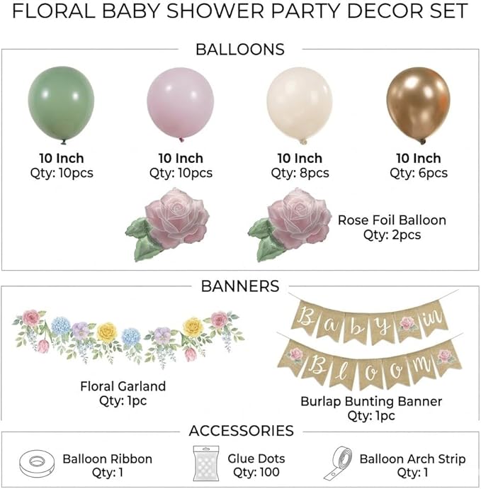 Baby in Bloom Balloon Kit - Dusty Sage Green & Pastel Pink Floral Decorations - Floral Foil Balloons & Banner Set for Girls Boho Baby Shower Spring Garden Birthday Tea Party Supplies