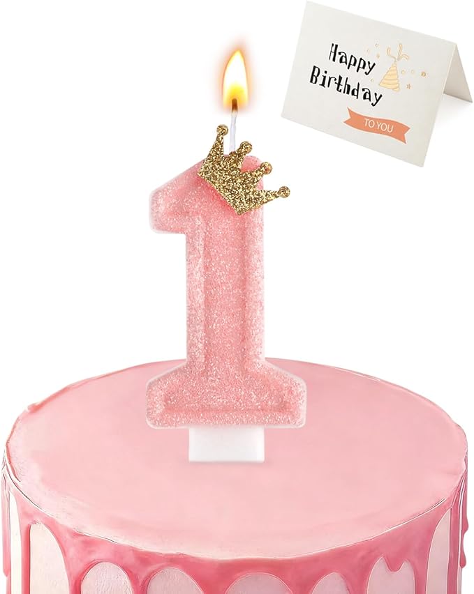 Birthday Candles for Cake, Pink Number Candles, Cake Candles with Greeting Card for Birthday Party Wedding Anniversary Celebrations (1 Candle)