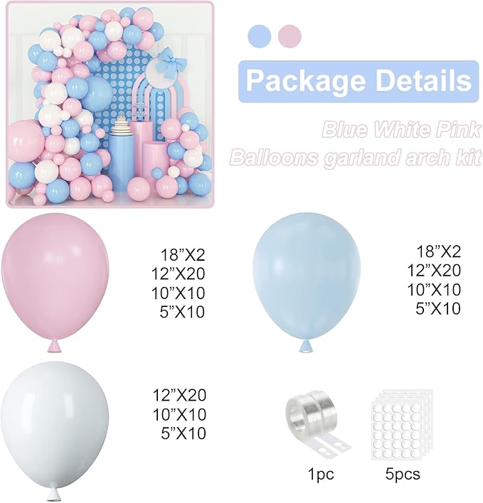 Pink and Blue Balloons Garland Kit, 124pcs Pink White Blue Latex Balloons Arch for Birthday, Baby Shower, Gender Reveal Party Decoration