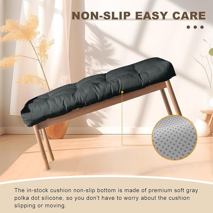 Bench Cushion 45 inches,Indoor/Outdoor Non-Slip Tufted Cushions, Premium Waterproof Linen, Soft Piano Sofa Cushions, Entryway Storage, Bay Window, High-Density Memory Foam(Black-45x18x4in)