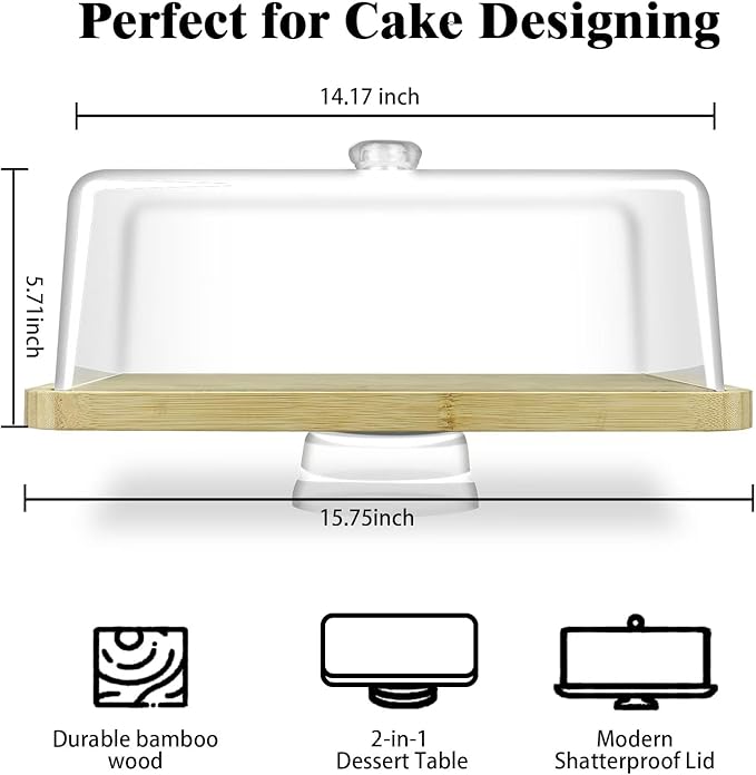 Cutesun Bamboo Wood Cake Stand with Lid - Rectangular Cake Holder, 16'' 2-in-1 Dessert Table Display Set & Charcuterie Board for Cheese, Chips, Fruit Platter, Large/big Acrylic Cake Dome Cover, Natural