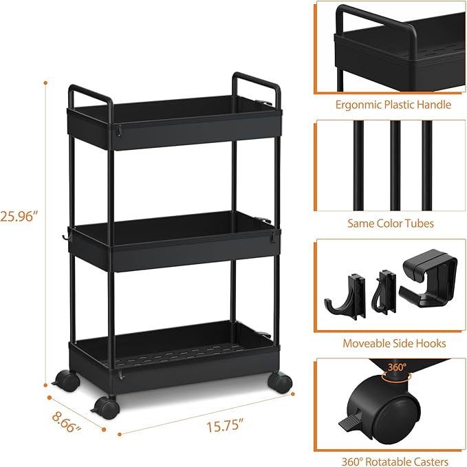 Ronlap 3 Tier Slim Rolling Storage Cart with Wheels Plastic Utility Cart Organizer for Snack Craft Art Postpartum Baby Diaper Nail Makeup in Bathroom Laundry Room Kitchen Bedside Narrow Space, Black