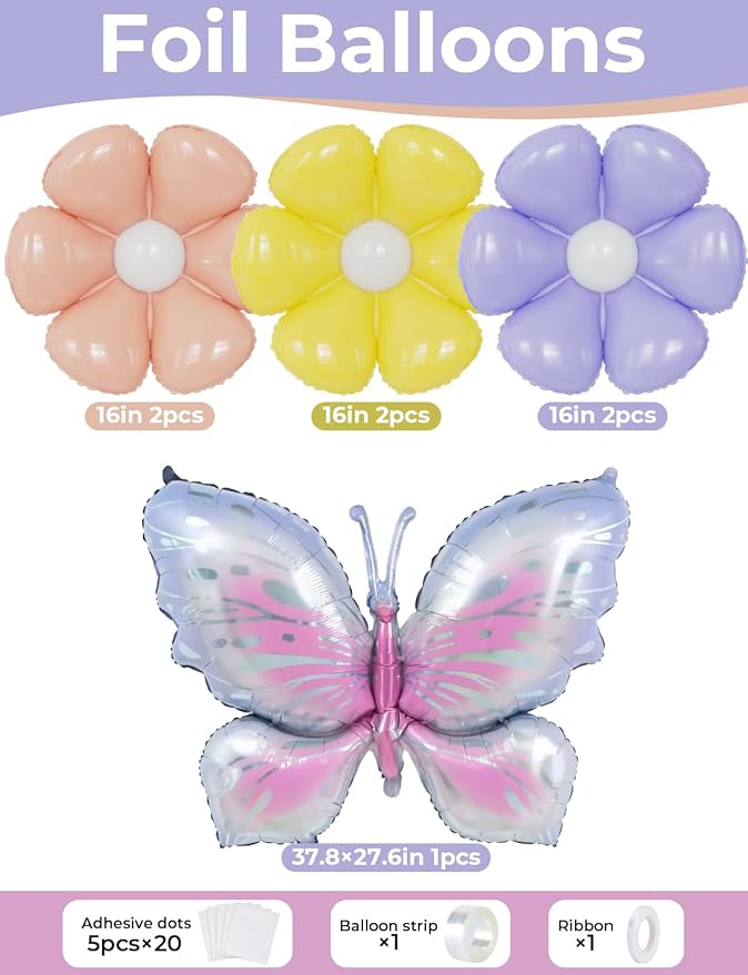 Spring Floral Butterfly Balloon Arch Garland Kit - Fairy Balloon Arch Pastel Green Purple Yellow Balloons with Daisy Balloons for Wildflower Baby Shower Birthday Tea Party Decorations