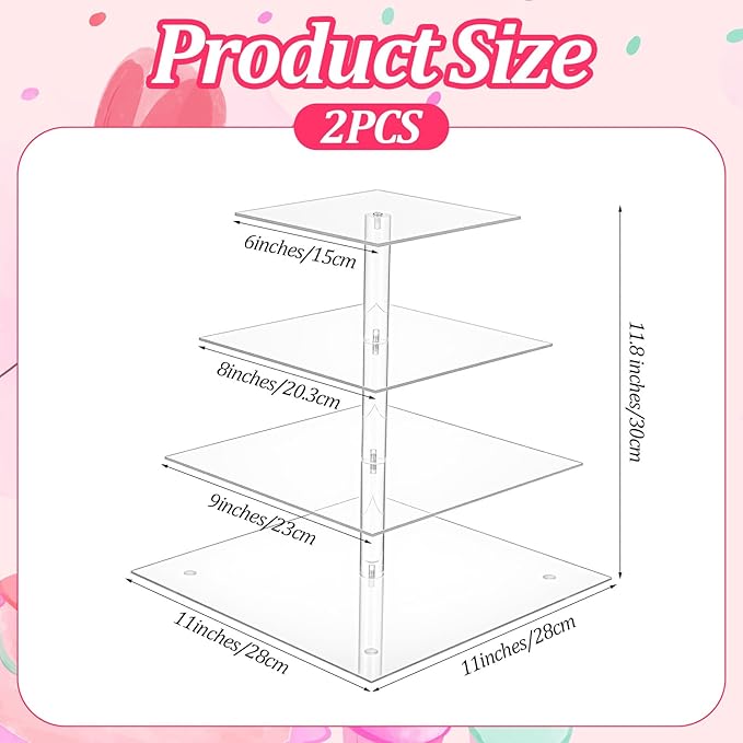 4 Tier Cupcake Stand Set of 2, Square Clear Acrylic Tiered Dessert Display Holder for 50 Cupcakes, Premium Cupcake Tower for Weddings, Birthdays, Party Decor