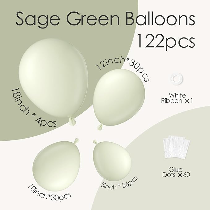120pcs Sage Green Balloons, 18 12 10 5 inch Sage Balloons Different Sizes Sage Green Balloon Arch Kit for Wedding Bridal Baby Shower Birthday Party Decorations
