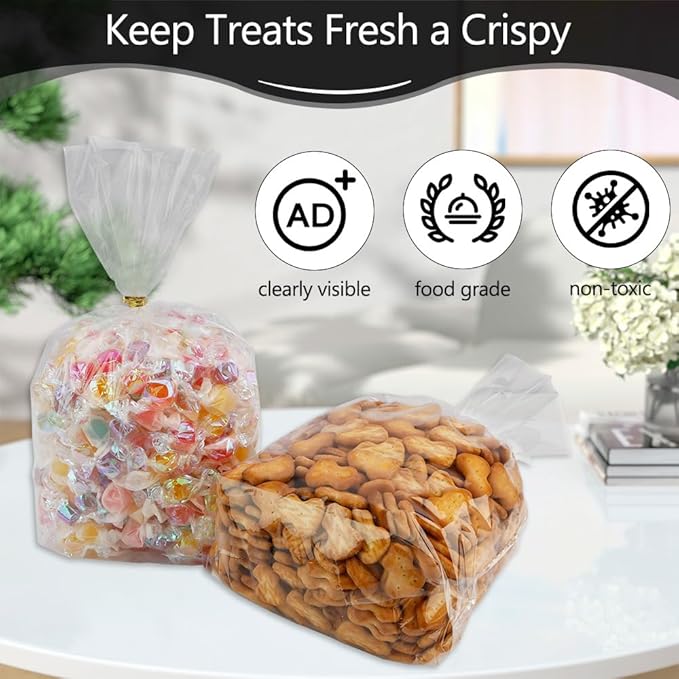 Cellophane Bags, Bottom Gusset Treat Bags, 8"x 11"Clear Cellophane Gift Bags with Ties, 50Pcs Cellophane Treat Goodie Bags for Wedding Graduation Party Favors Gift Mug Wrapping Candy Cookies Storage