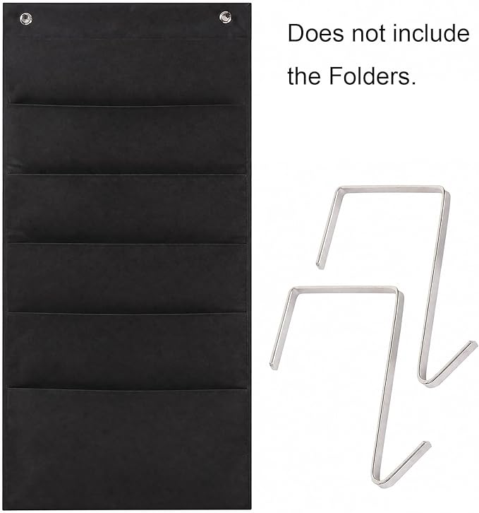 Hanging Wall File Organizer, 5 Pocket, Black Wall Storage Pocket Charts with 2 Hangers, Oxford Cloth Storage Pocket, Over The Door File Organizer, Great for Classroom, Home or Office Use (5 Pocket)