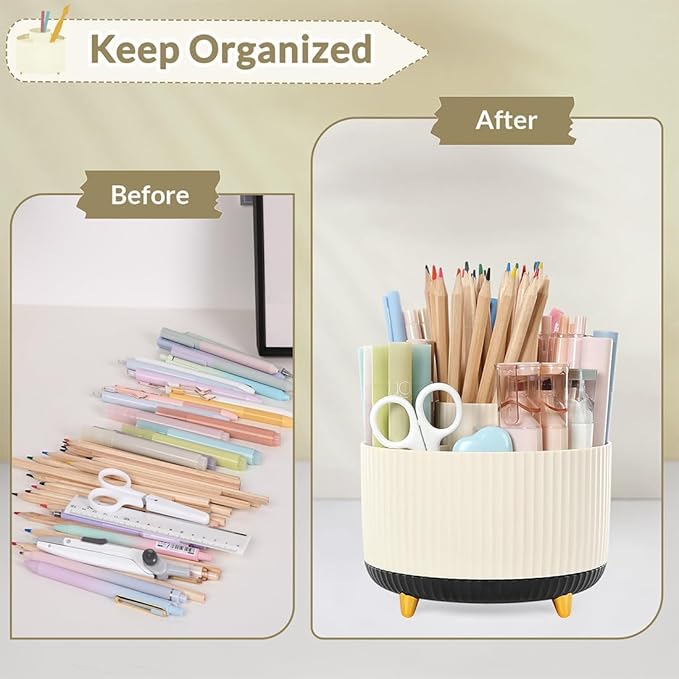 SKYDUE 360 Rotating Organizer, Dual-Purpose Pencil Pen Holder, 5-Slot Rotating Pencil Cup for Office, School, Home (Beige-Black)