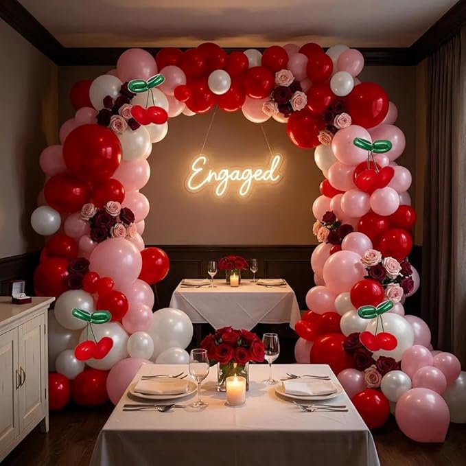 Red Pink Balloon Arch Double Stuffed Latex Pink White Pearl Balloons Red Green Long Balloon Garland for Cheery On Top Baby Shower Birthday Christmas Bridal Shower Garden Berry Party Decoration