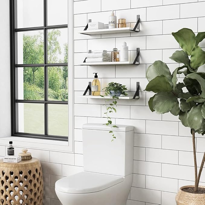 Forbena White Floating Shelves for Wall Decor Set of 3, 17 x 6 Inches Bathroom Shelf Over Toilet, Small Modern Mounted Shelves for Kids Bedroom Nursery Office Living Room Books Picture Frames