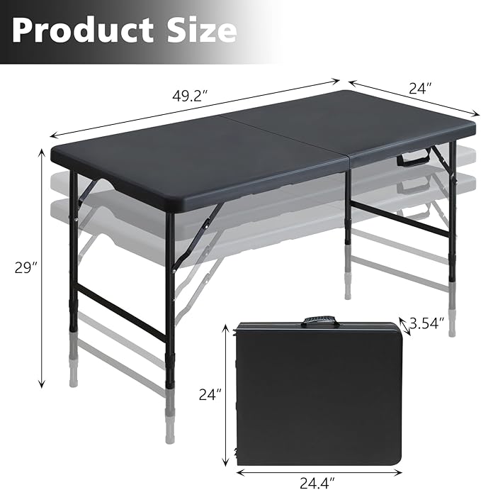 Portable 4Ft Folding Table, Heavy Duty Plastic Fold-in-Half Utility Foldable Table Small, Adjustable Height Plastic Folding Table with Carrying Handle for Camping & Party Indoor/Outdoor(Black)