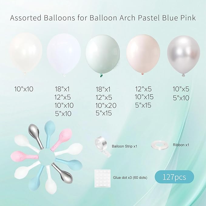 127pcs Boho Balloon Garland Kit, Pastel Teal Pink White Balloons Assorted Colors and Sizes for Wedding Engagement Anniversary Bridal Shower Baby Shower Birthday Party Decorations for Girls