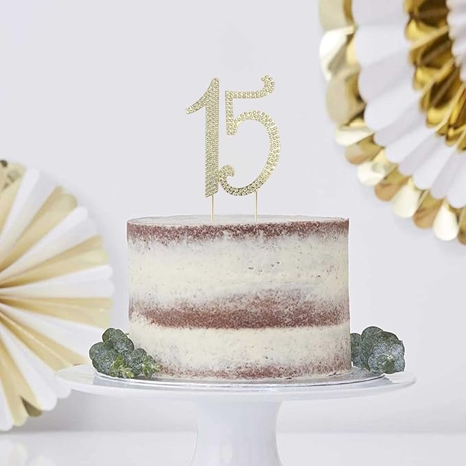 JANOU 15 Cake Topper Number 15 Crystal Rhinestones 15th Cake Decoration for Birthday Anniversary Party Decoratio (Gold)