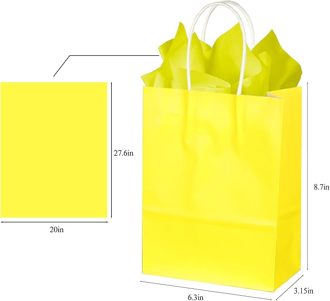 BLEWINDZ 32Pcs Small Paper Gift Bags with Tissues, Yellow Party Favor Bags with Handles, 8.7" Goodie Bag for Birthday, Shopping, Party Supplies