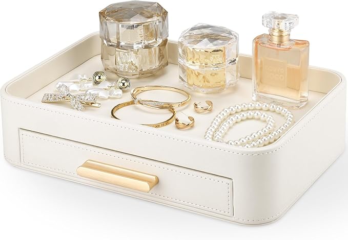 GORESE PU Leather Valet Tray with Drawer, Nightstand Organizer Catch All Tray for Jewelry Perfume Purse Trinket Key Holder, EDC Trays for Desk Vanity Entryway Table, Gift for Women Men, Cream White