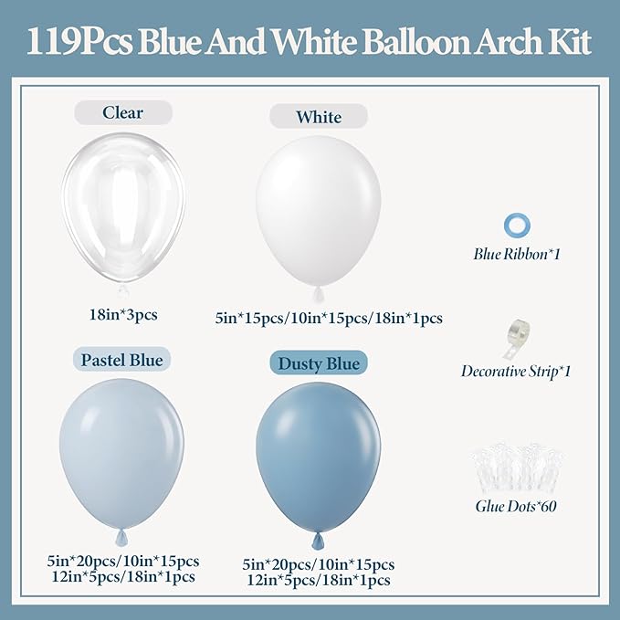 119pcs Dusty Blue Balloon Arch Garland Kit, Blue and White Balloon Arch Kit with Dusty Pastel Blue White Clear Balloons for Bridal Shower Gender Reveal Birthday Baby Shower Party Decorations