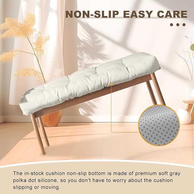 Bench Cushion 42 inches,Indoor/Outdoor Non-Slip Tufted Cushions, Premium Waterproof Linen, Soft Piano Sofa Cushions, High-Density Memory Foam(White-42x16 x 4 in)