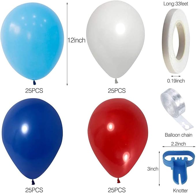 Balloon Garland Arch Kit-Blue, Red, White with Strip Tape, Blue Knotting Device, White Ribbon for Boy Party, Wedding,Birthday party decoration gift