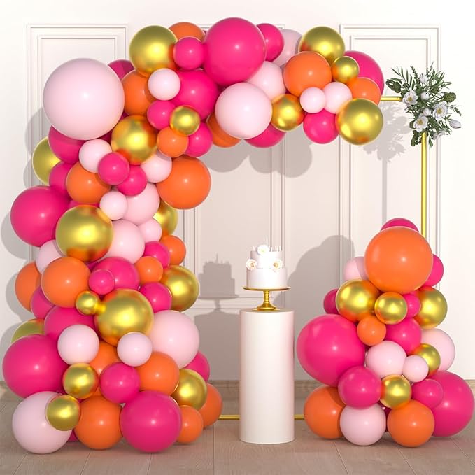 Hot Pink Orange Gold Balloon Garland Arch, 122PCS Rose Red, Metallic Gold Balloons Pink and Orange Party for Wedding Birthday Anniversary Valentine Day Party Decors
