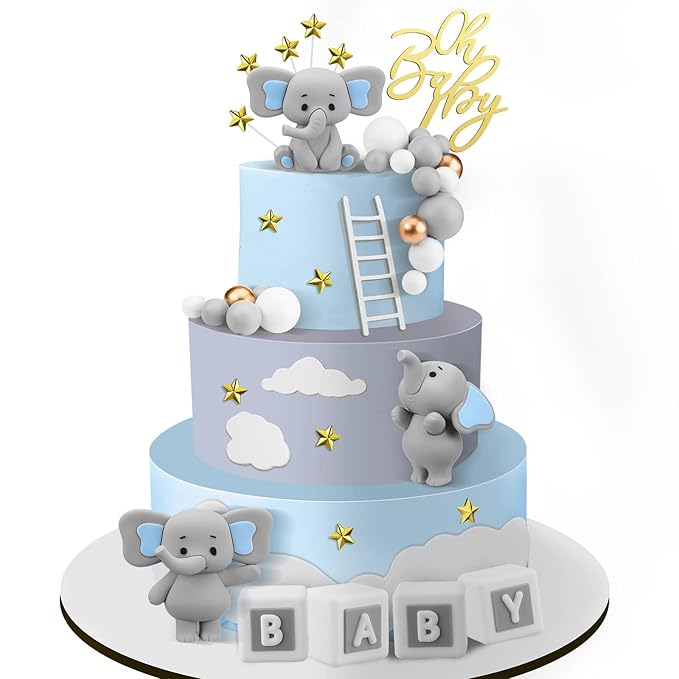 Yinder Bear Cake Toppers Mini Bear Cake Decorations Cake Toppers Gold White Pearl Ball for Birthday Party Decorations(Gray,Elephant Style)
