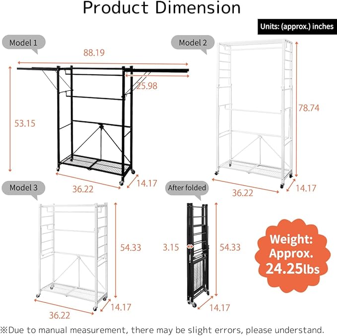 lumizone Folding Clothing Rack with Wheels Expandable Wardrobe Portable Clothes Rack for Hanging Clothes Adjustable Closet Shelves Garment Rack Durable Closet Racks for Hanging Clothes (Pro Black)