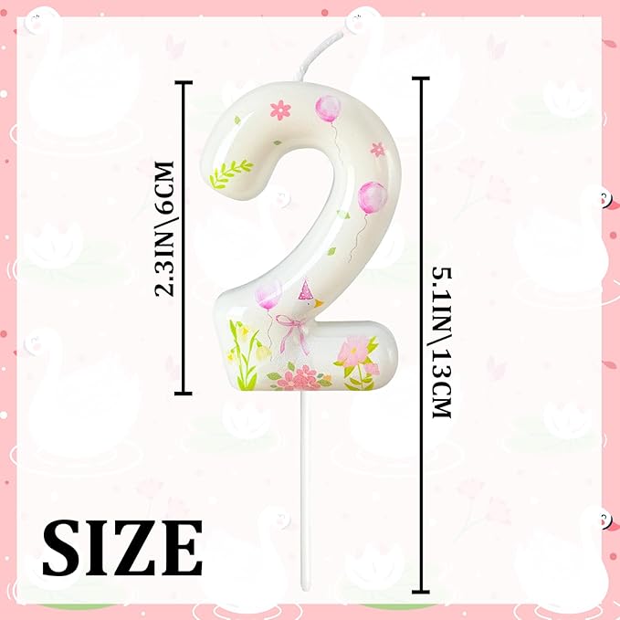 Number 2 Birthday Candle for Cake – Goose Inspired Design with Floral, Balloon & Leaf Details – Farm Theme Cake Topper for Birthday Party Decoration