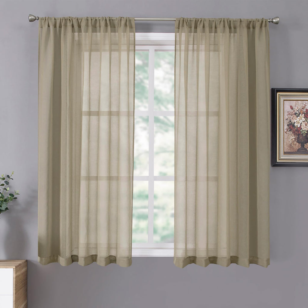 Short Sheer Curtains Linen Textured Living Room Curtain Sheers Light Filtering Rod Pocket Voile Curtains for Bedroom