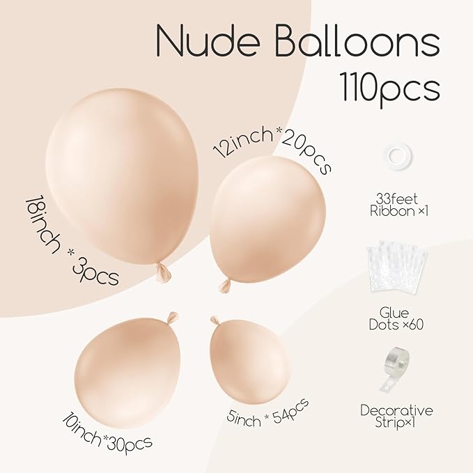Awenztech 110pcs Nude Balloon Arch Garland Kit, 18 12 10 5 inch Apricot Balloons Different Sizes for Birthday Party Decorations