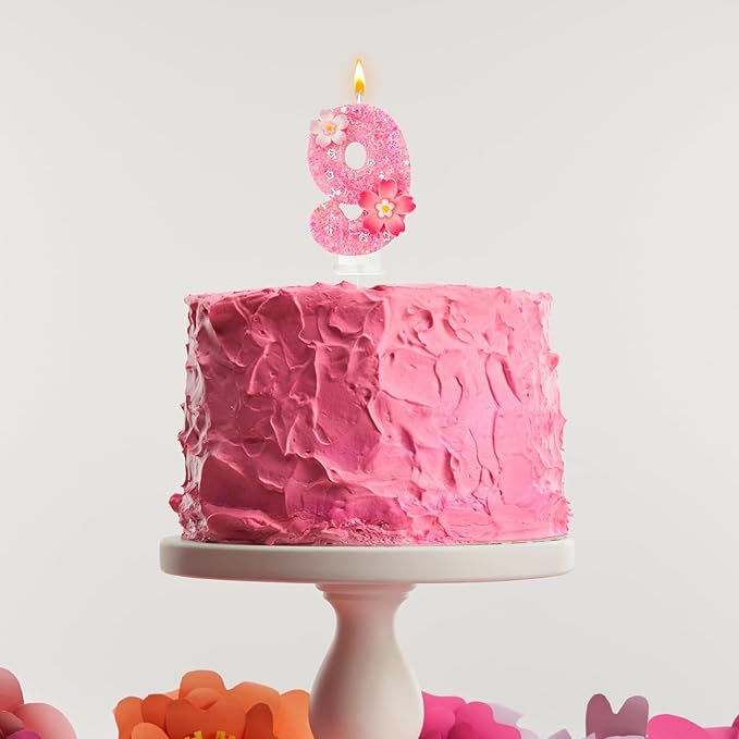 Pink Flower Birthday Candle,Number Birthday Candles for Cake, Ideal Birthday Parties Cake Decor, Wedding Anniversary and Other Celebrations (Number 9, Pink)
