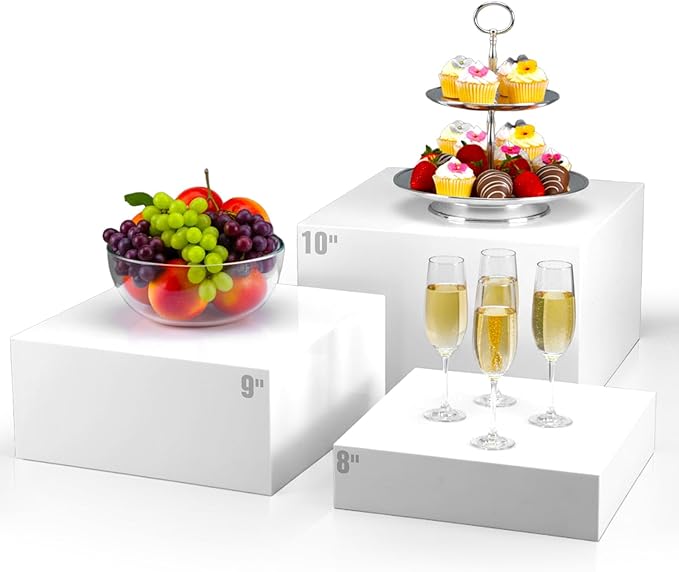 3Pcs White Acrylic Buffet Risers, 10" 9" 8" Food Display Risers for Buffet Table, Hollow Bottoms Nesting Boxes for Party, Dessert, Cakes, Catering, Jewelry, Collectibles Display Supplies
